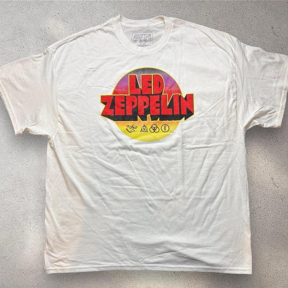 Led Zeppelin Graphic T-Shirt White XL Sunset‎ Logo Symbols Rock Band Tee